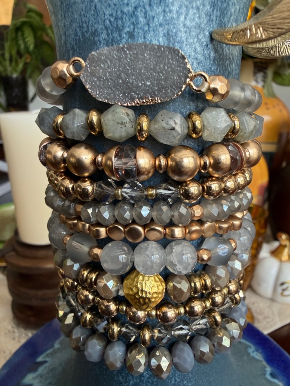 11PC Stacked Gray & Gold Beaded Bracelet and Earrings Set - Picture 3 of 9